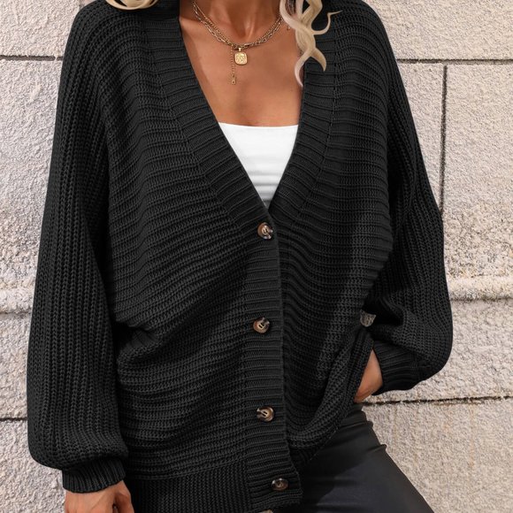 NWT - Button Down Horizontal-Ribbing Longline Cardigan - Black - Picture 1 of 4